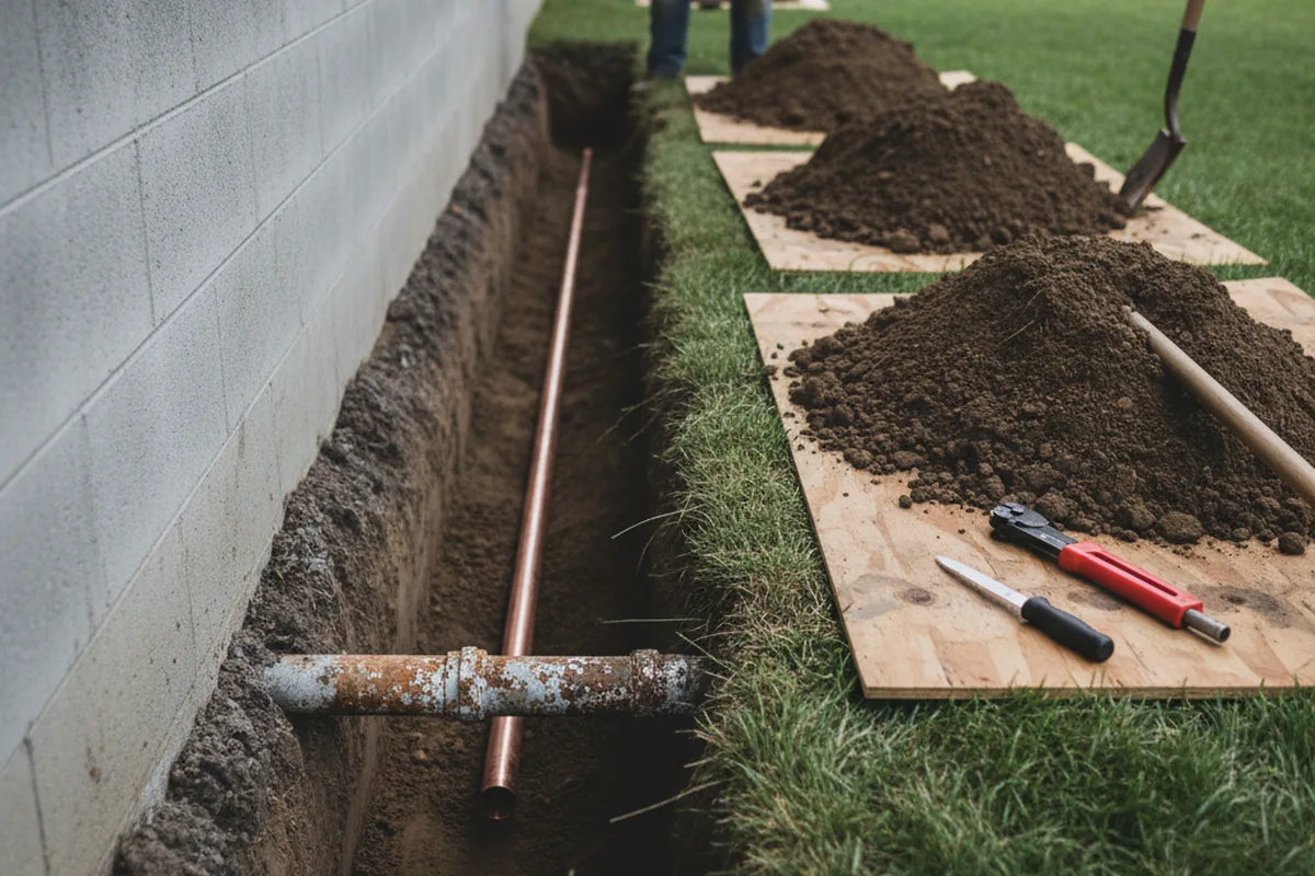 Excavated water line trench during Water Softener Installation in Eolia